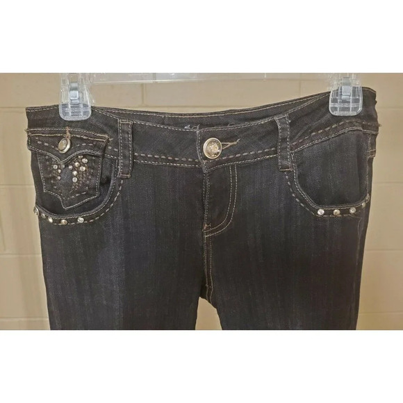 LA Idol Black Fancy Junior Flare Jeans Rhinestones - Picture 2 of 10